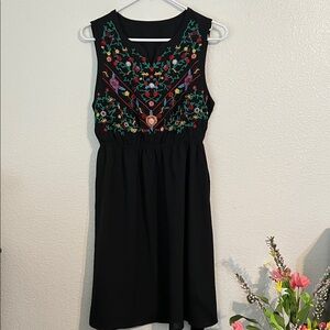 SHEIN Black Midi Dress with Floral Embroidery